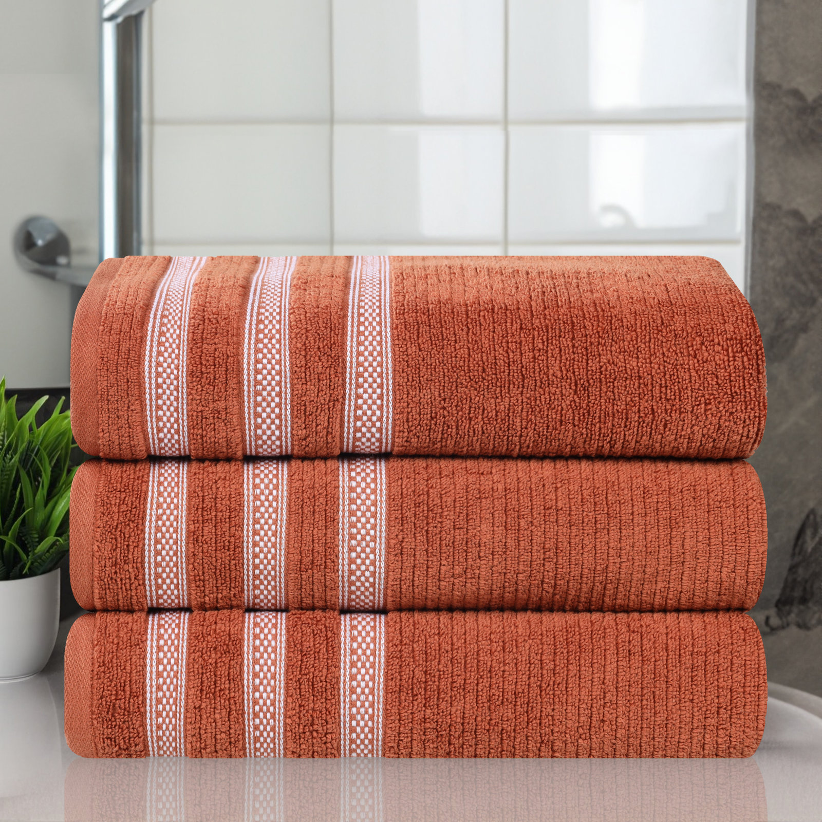 3-Piece Geometric Zero-Twist Cotton Towel Set, Rust