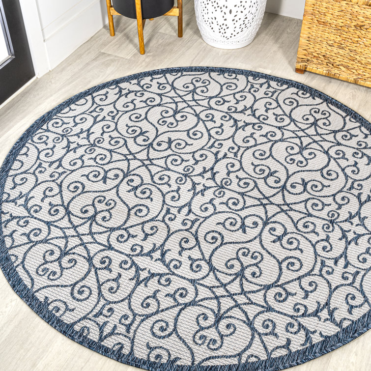 Deronte Vintage Filigree Textured Weave Blue/Cream Indoor/Outdoor Rug