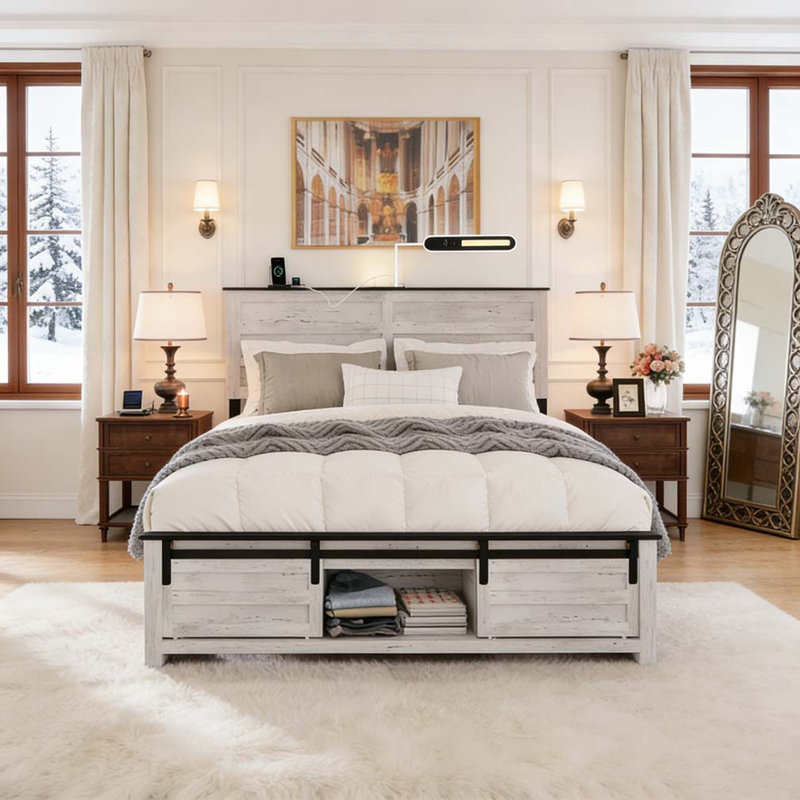 Full Bed Frame with Upholstered Headboard and Wood Platform, Full, Antique White