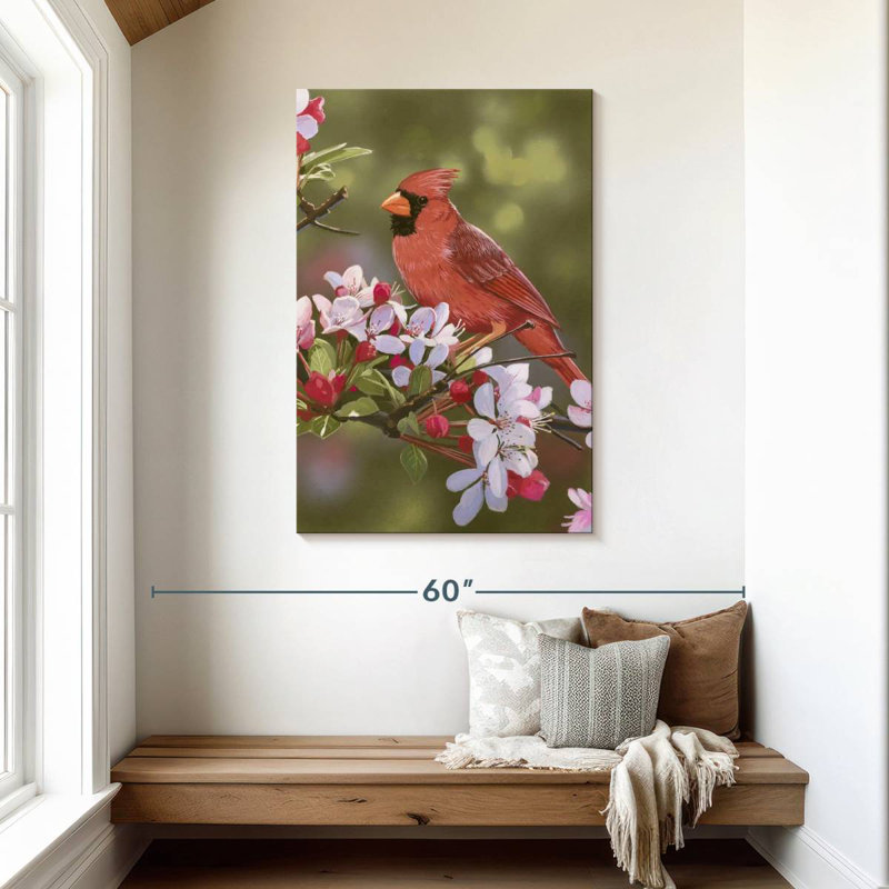 Brampt cardinal avec des fleurs de pommier, H 45 po x l 30 po