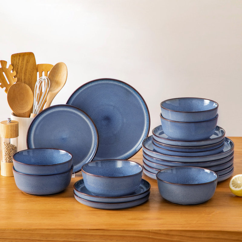  Service de table 18 pièces en céramique bleue pour 6 assiettes, assiettes à dessert et bols cuits au four, Bleu
