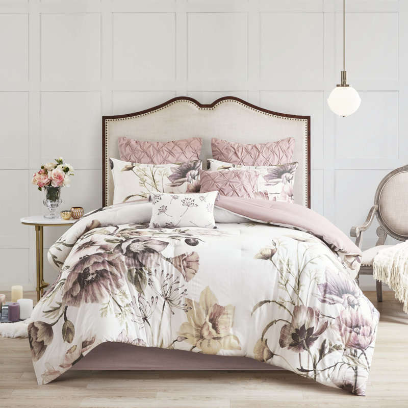 Édredon très grand Blush - coton 8 pièces avec imprimé floral à grande échelle et coussins de chambre à coucher Lavable à la machine