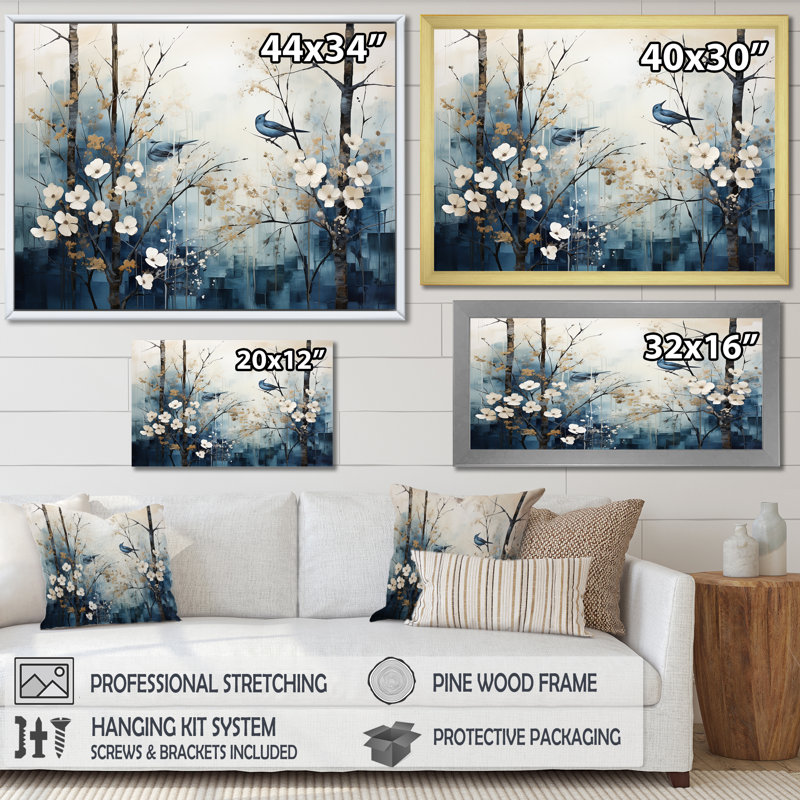 «Blue and White Forest Winter Harmony I», art mural sur toile, H 12 po x l 20 po x P 1 po, Cadre simple blanc