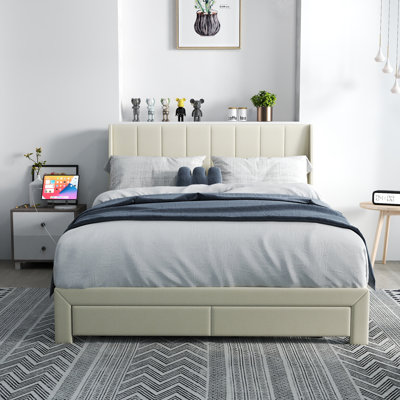Structure de lit rembourrée avec ports USB, station de charge de type C et tiroirs de rangement pour chambres à coucher, hôtels et appartements