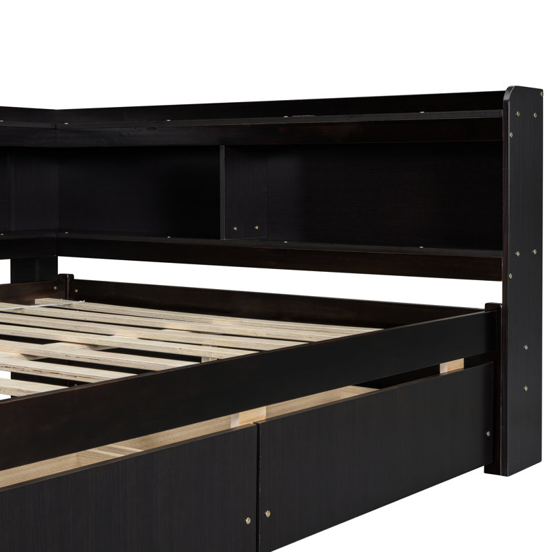 Full Bed With L-Shaped Bookcases & Two Drawer Compartments Bookcase Space