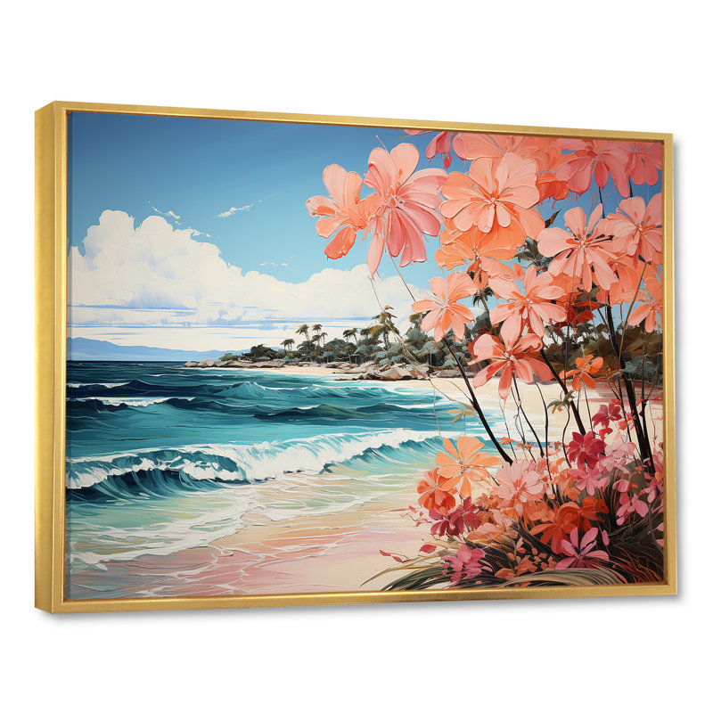 Tropical Beach Escape 4 - art mural bord de mer tropical, Cadre flottant doré, H 34 po x l 44 po x P 1,5 po
