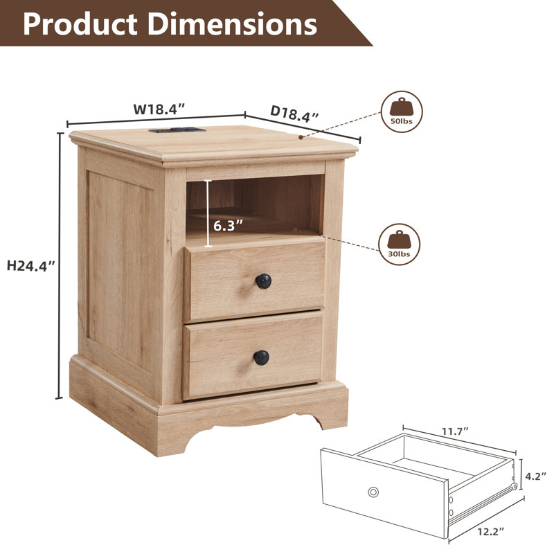 End Table with Charging Station and 2 Drawers, Natural Wood