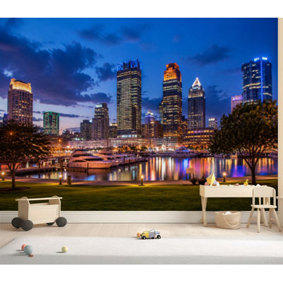 Wall Mural Peel and Stick Wallpaper View Baltimore Inner Harbour skyline dusk from Federal Hill Self-Adhesive Removable Contact Paper Wall Decor for Living Room Bedroom 69"H x 96"W
