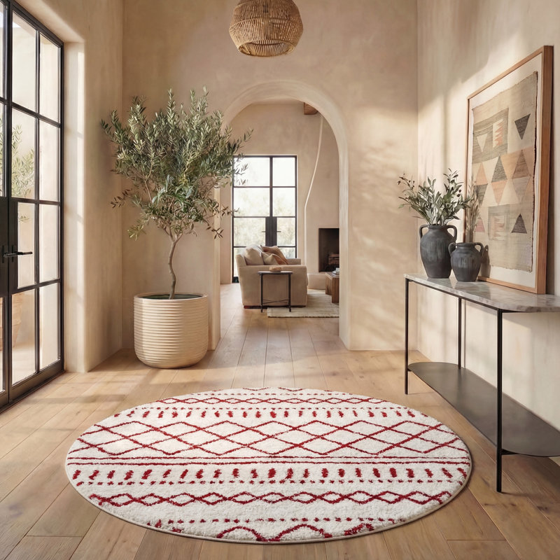Develin Performance Chevron Rug, Round 6'7", Ivory/Red