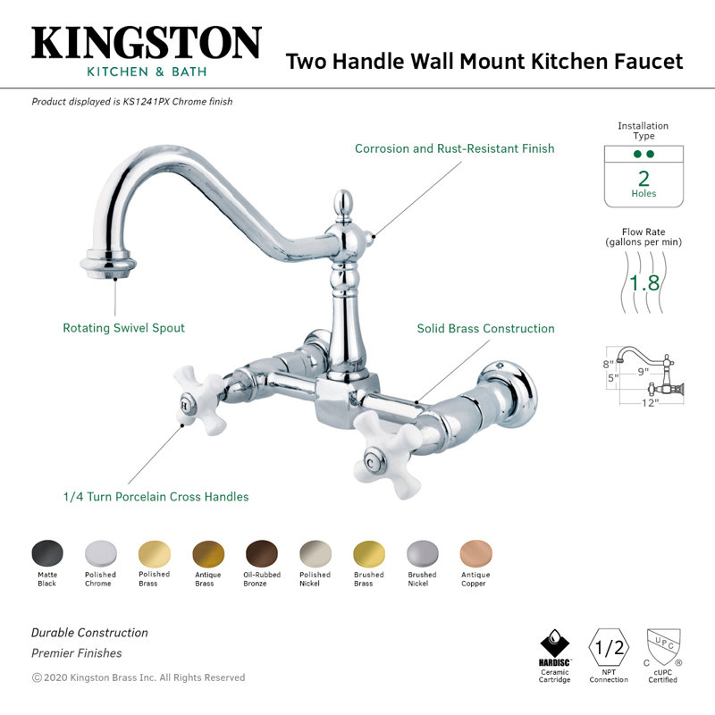 Kingston Brass Duchess Double-Handle 2-Hole Wall-Mount Bridge Kitchen Faucet, Brushed Nickel/Trim White