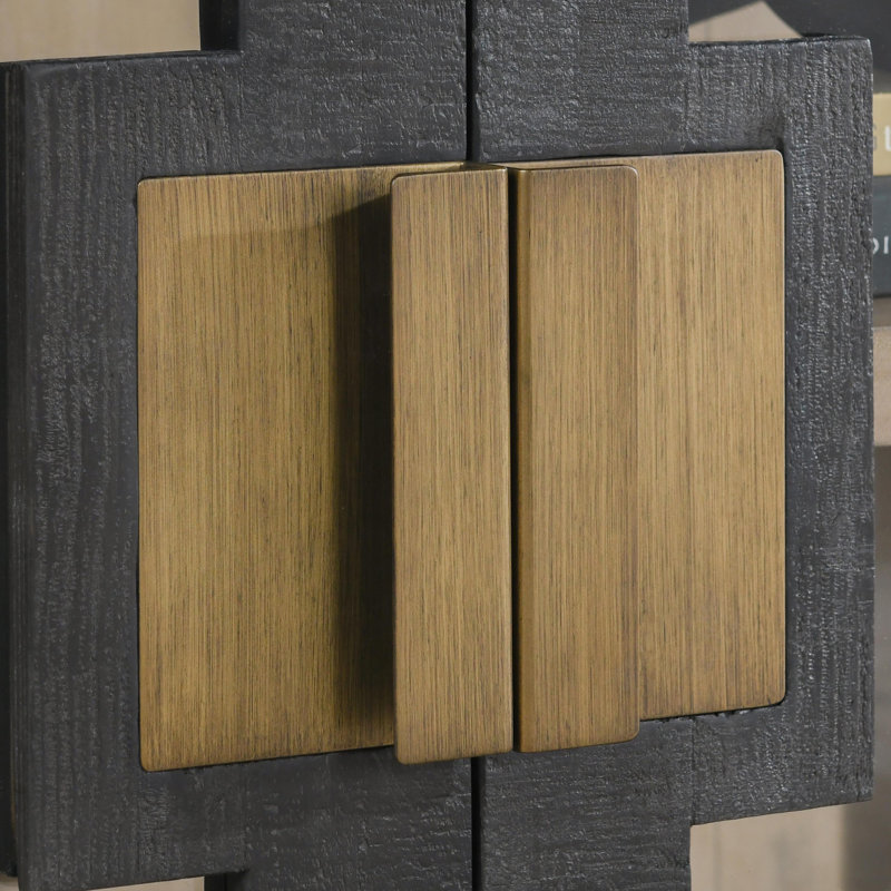 Larson Two-Door Glass Oak Wood Cabinet, Gold, Black