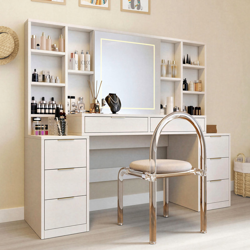 Bureau de coiffeuse surdimensionné de 59 po de largeur avec miroir et lumières, coiffeuse avec 8 tiroirs et tablettes de rangement ouvertes, luminosité réglable
