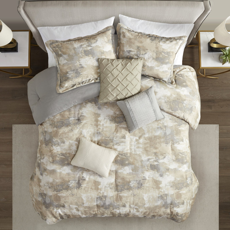 7 édredons - mélange de coton texturé très grand et gris, taupe, crème, 1 jupe de lit et 3 coussins décoratifs