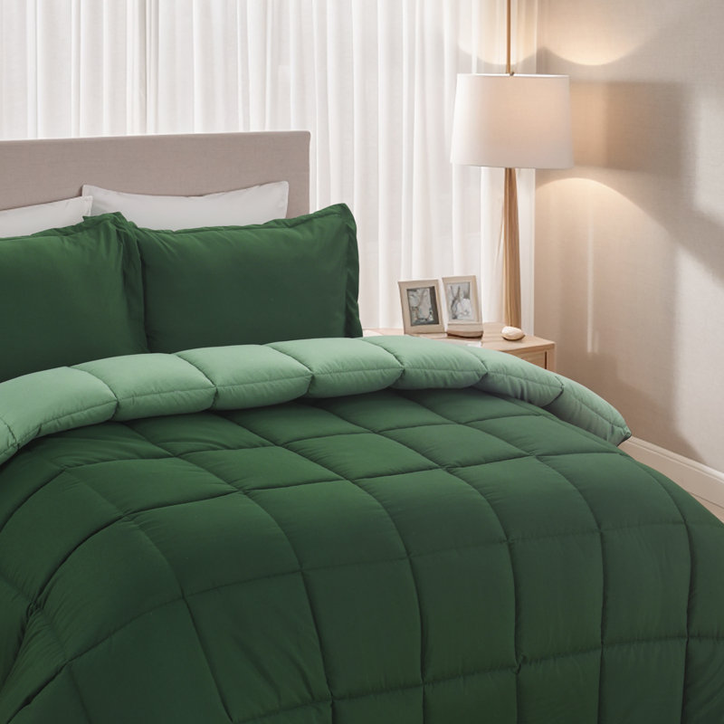All Season Reversible Down Alternative Comforter Set with Shams - Breathable, Soft, Fluffy, Green