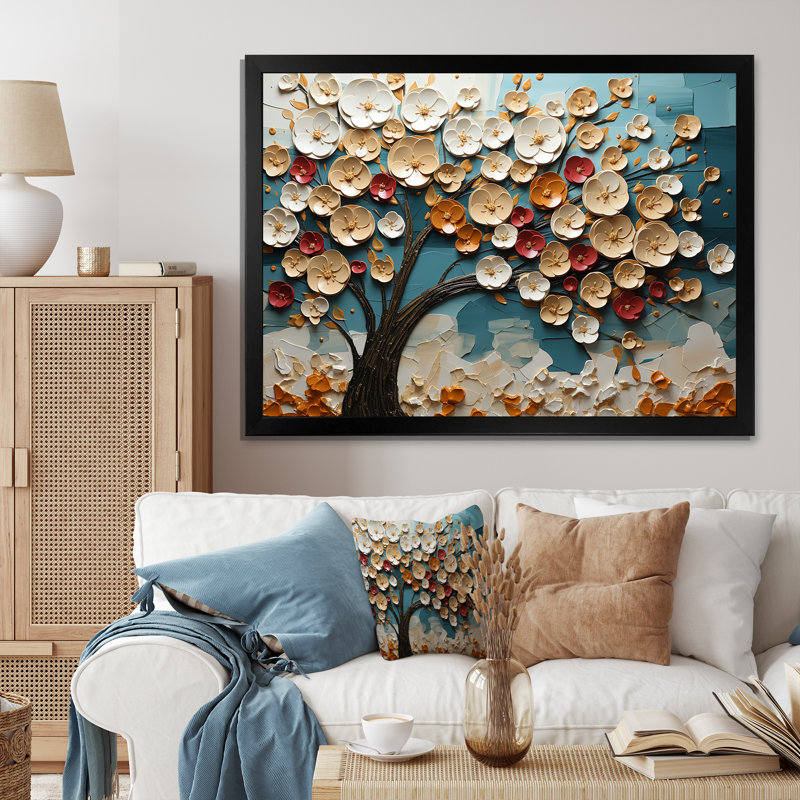 Arbre de fleur rouge et or au clair de lune beauté IV - arbre, art mural, Cadre d'angle fermé noir