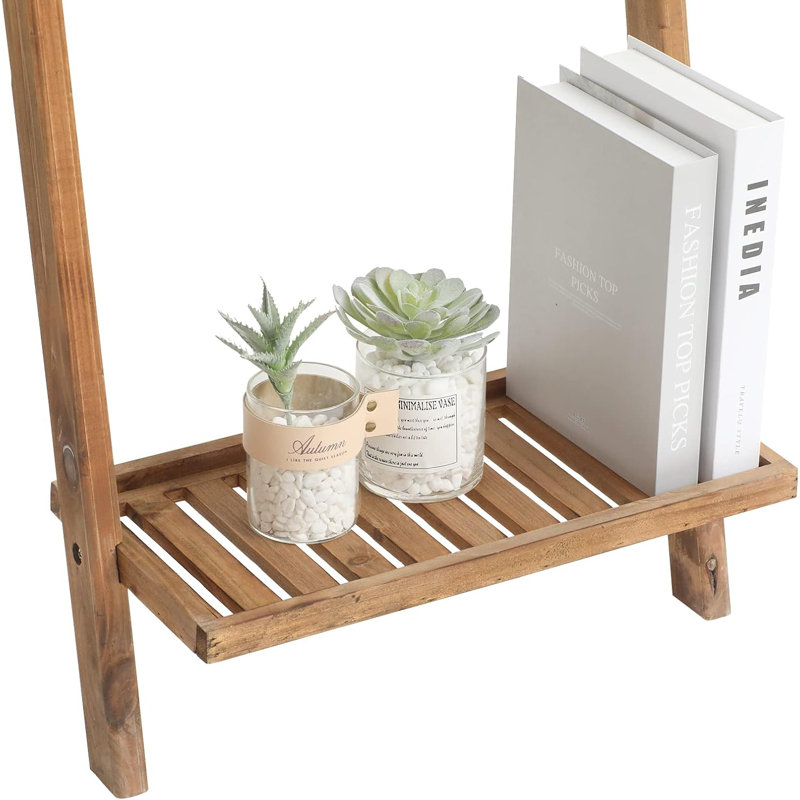5Ft Rustic Farmhouse Wooden Blanket Ladder With Bottom Shelf: Decorative Wall-Leaning Towel Rack, Bathroom Storage, And Quilt Display Holder In Light Brown