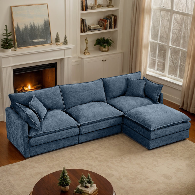 Eyisean 102" Chenille Modular Sectional Sofa with Ottoman, 3-Seater L Shape Cloud Couch with Upholstered & Pillow, Comfy Sleeper Sofa for Living Room, Bedroom, Office, Apartment, Easy Assembly