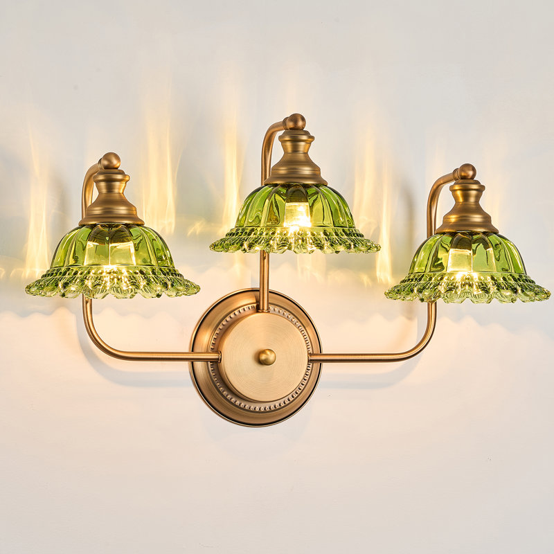 25.5" Wide 3-light Vanity Fixture, Black Frame And Blue Glass UL Listed, Gold, 3, Green
