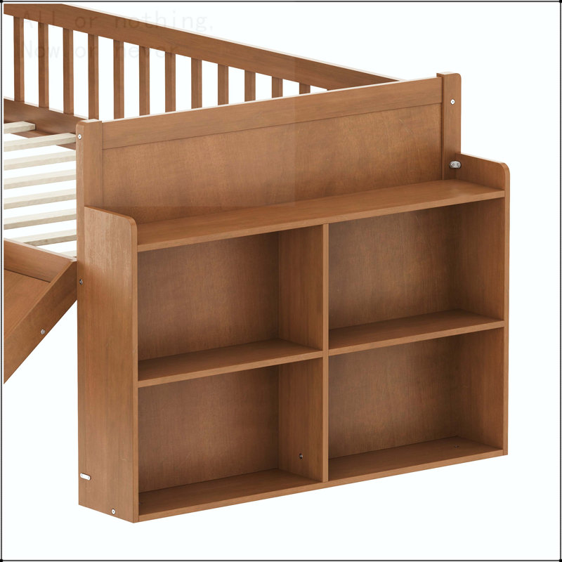 Twin Size Bed Frame with Storage Shelf, Slide, and Ladder, Walnut