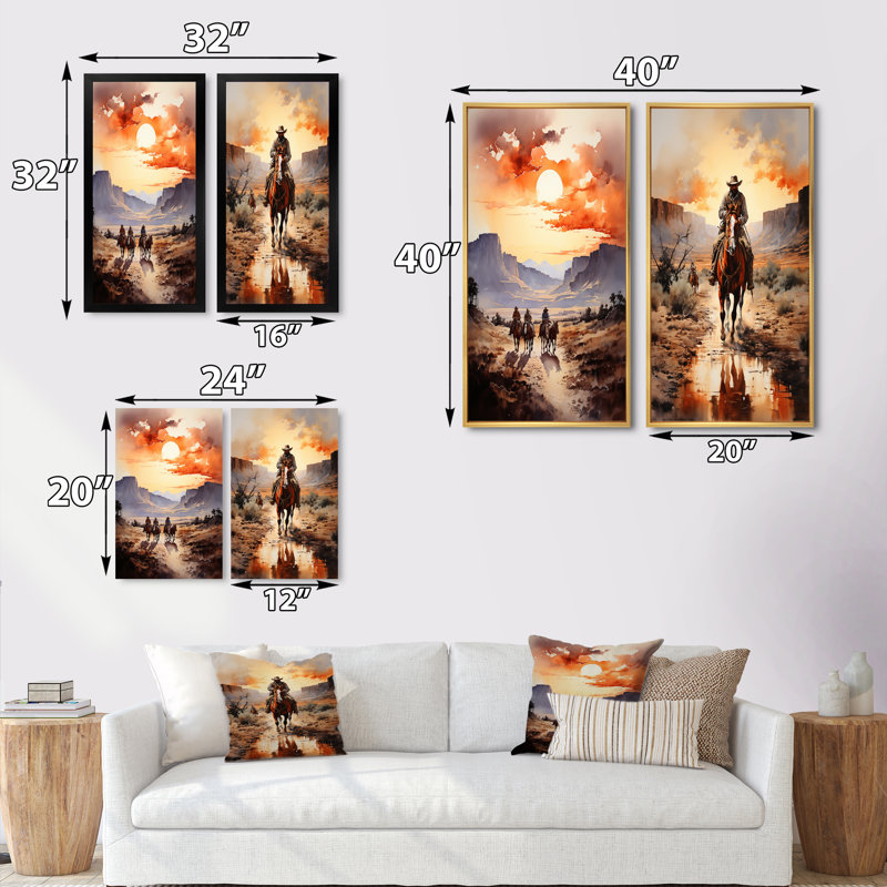 " Cowboy Chasing The Sunset " 2 - Pieces, 40" H x 40" W, Brown Framed