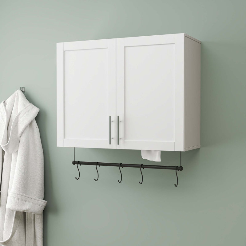 Armoire murale de salle de bain avec tablette réglable, barre à serviettes, 5 crochets