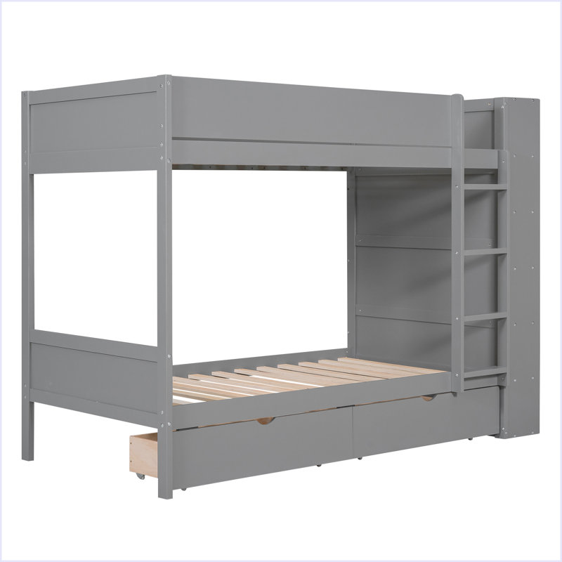 Lit superposé avec 2 tiroirs et armoire à couches multiples, Lit simple, Gris