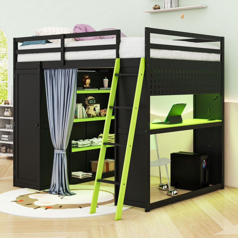 Full-Size Wooden Loft Bed with Integrated Workstation, Wardrobe, and Customizable Lighting, Black/Green