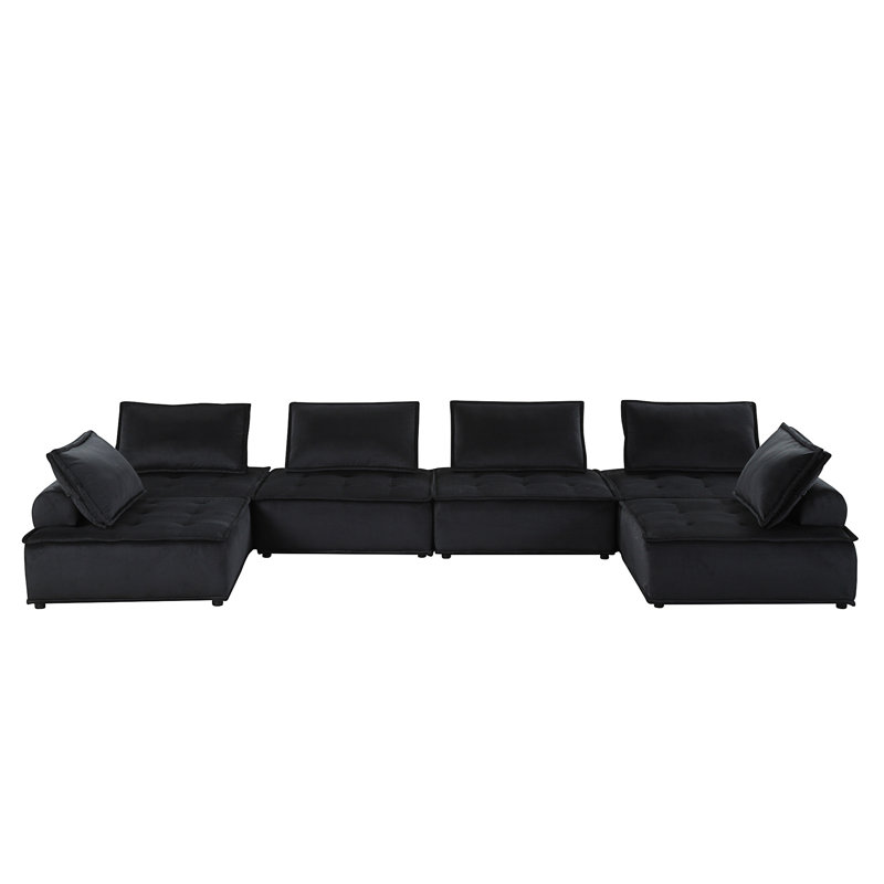 Gouvernour Velvet 6 seat Sectional Sofa ottoman, Black Velvet