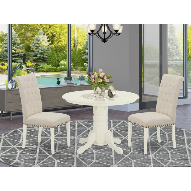 3 Piece Dining Room Table Set Contains a Round Kitchen Table with Pedestal and 2 Light Beige Linen Fabric Parson Dining Chairs, Linen White