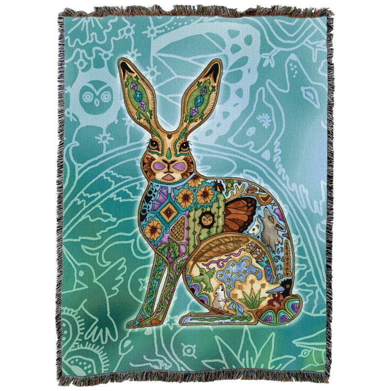Couverture en tapisserie « Jackrabbit » de Pure Country Weavers, motif « Esprits animaux » par Sue Coccia, tissée en coton, fabriquée aux États-Unis (72 x 54 pouces).