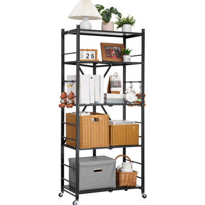 Folding 5 - Tier Metal Shelving Unit With Wheels, Black, Tool Setup, 360 Rotation, 2 Braked Each Layer Holds 190 Lbs, Space Saving Design For Car Trunk Black Storage Shelf Effortless Detachable