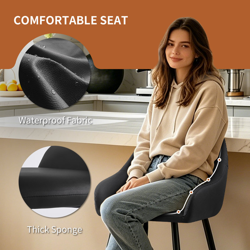 Faux Leather Upholstered Bar Stools with Armrests and Cut‑Out Backrest, Black