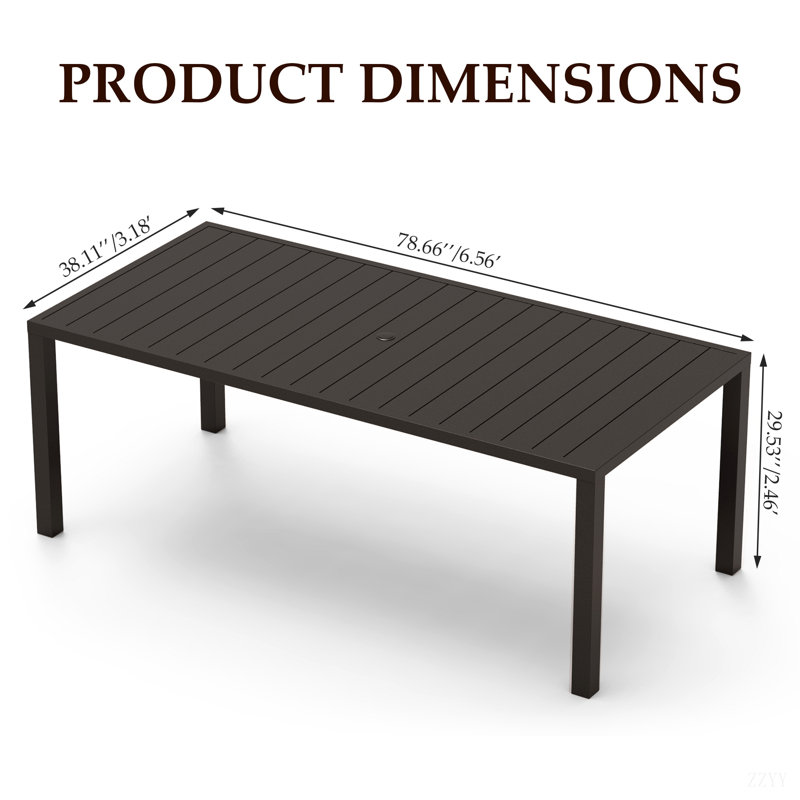 Table de salle à manger d'extérieur, table de patio à lattes en métal pour terrasse de jardin avec trou pour parasol, brun