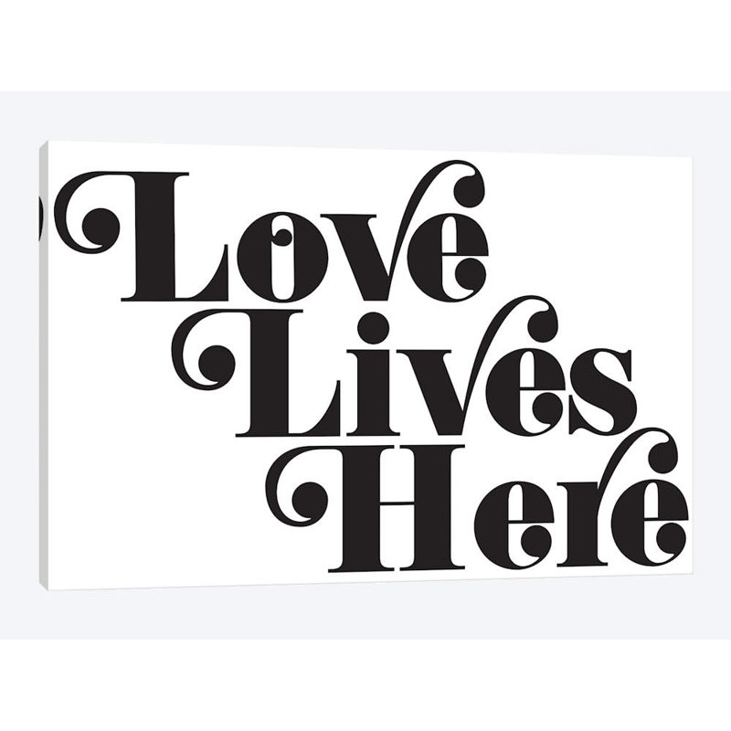 « love lives here », art textuel sur toile, H 18 po x l 26 po x P 1,5 po, Toile encadrée noire, Pas de tapis