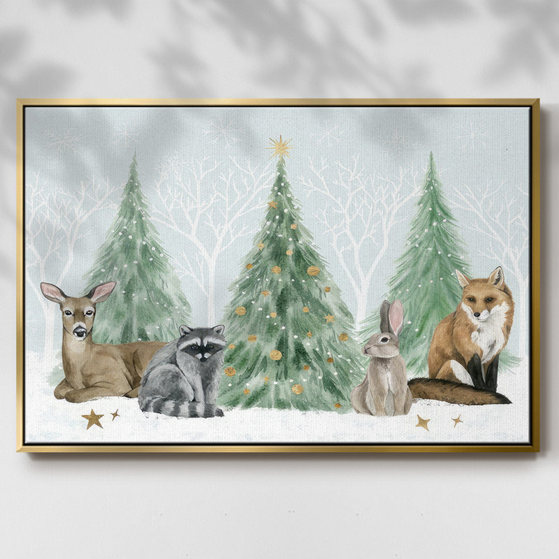 Collection de Noël dans la forêt, toile tendue avec châssis en A, H 17 po x l 25 po x P 1,5 po, Cadre flottant doré