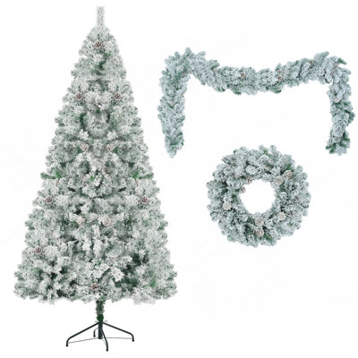Arbre de Noël enneigé 6 pi, ensemble illuminé avec arbre, guirlande et couronne, arbre de Noël articulé artificiel avec lumières DEL colorées, 8 modes d'éclairage, pommes de pin, décoration des Fêtes pour la maison