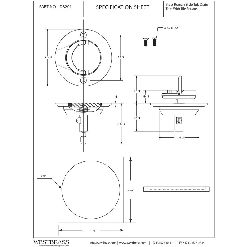 3-9/16" Roman Bathtub Drain Trim with U-Shaped Flip Up Pull Handle and 4-1/4" Tile Square, Polished Brass