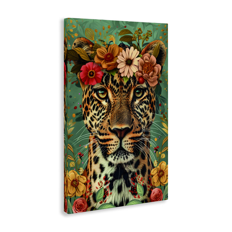 Art floral sur toile guépard couronné floral, design par LSR Design Studio, H 36 po x l 24 po