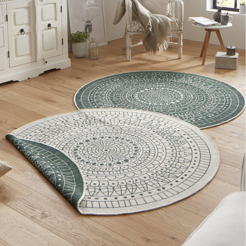Porto Flatweave Green/Cream Rug, Round 200cm
