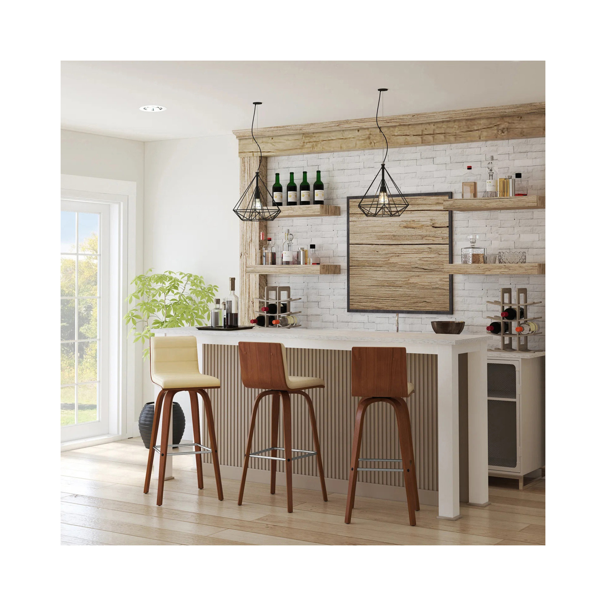 Biance Solid Wood Swivel Bar & Counter Stool, Bar Stool (30" Seat Height), Creme Faux Leather, Walnut
