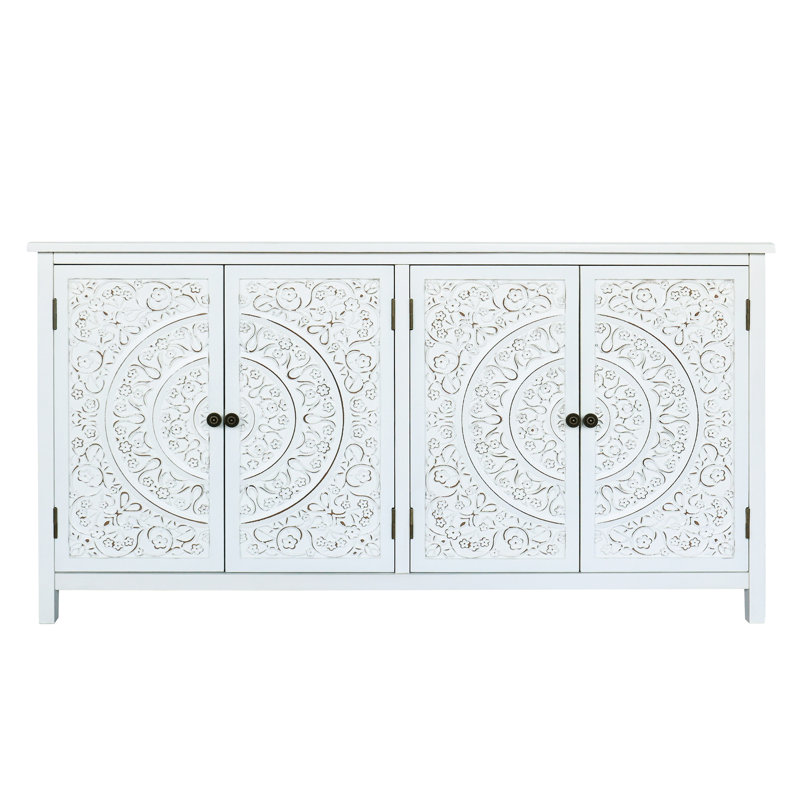 Buffet 60 po en bois rustique, commode décorative à 4 portes pour l'organisation de la maison, finition peinte, armoire de rangement haute et antique blanc