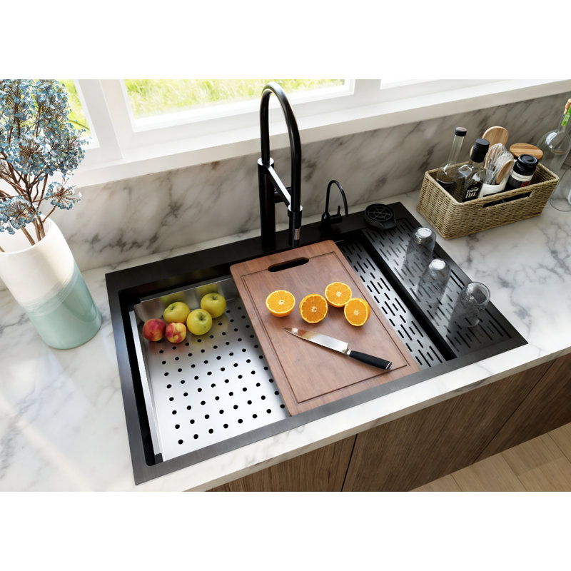 EmboPress 33'' L Single Bowl Stainless Steel Kitchen Sink, Black