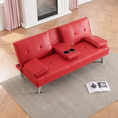 67-Inch Red Leather Multifunctional Double Folding Sofa Bed With Coffee Table For Office Use