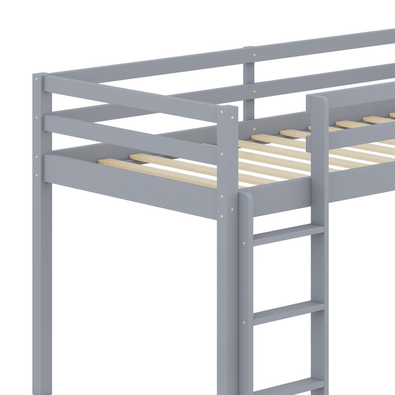 Twin Loft Bed With Slide, Wood Low Loft Bed Frame, Lower Storage Space, Gray
