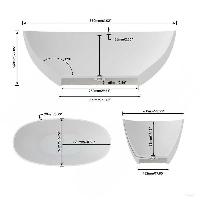 61" Premium Solid Surface Deep Soaking Bathtub