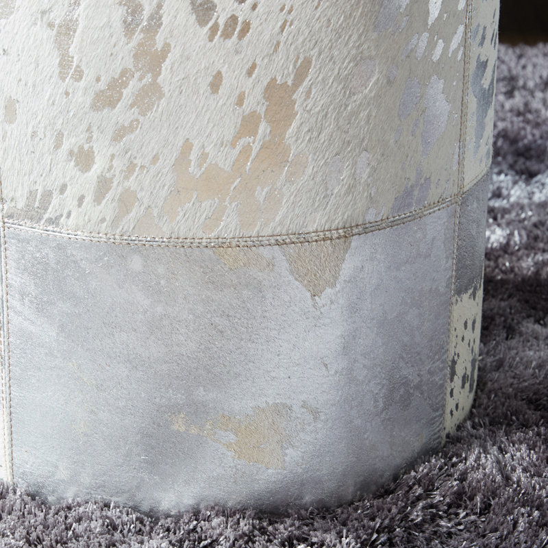 Alīna Leather Handmade Cowhide Living Room Stool with Patchwork Pattern, Silver/White Genuine Leather
