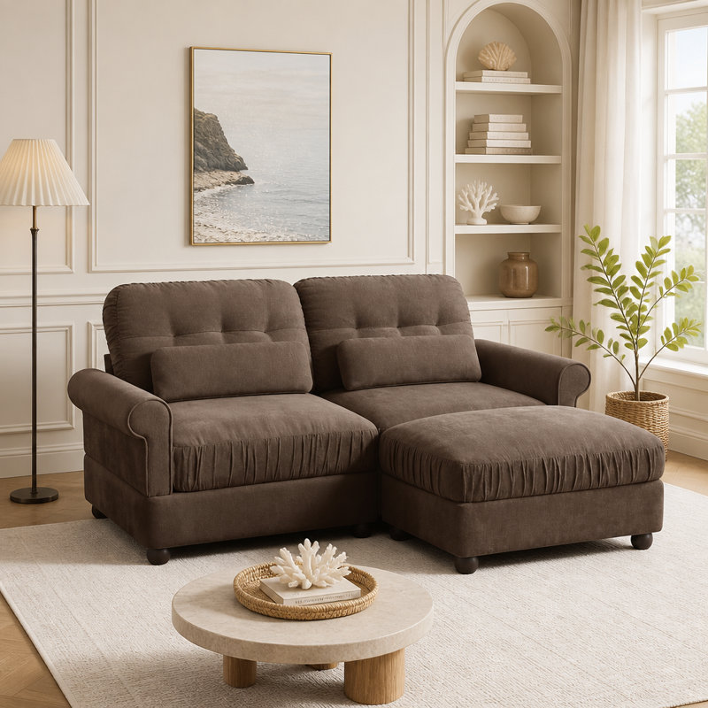 Canapé modulaire à deux places avec repose-pieds Chenille, Beige Chenille