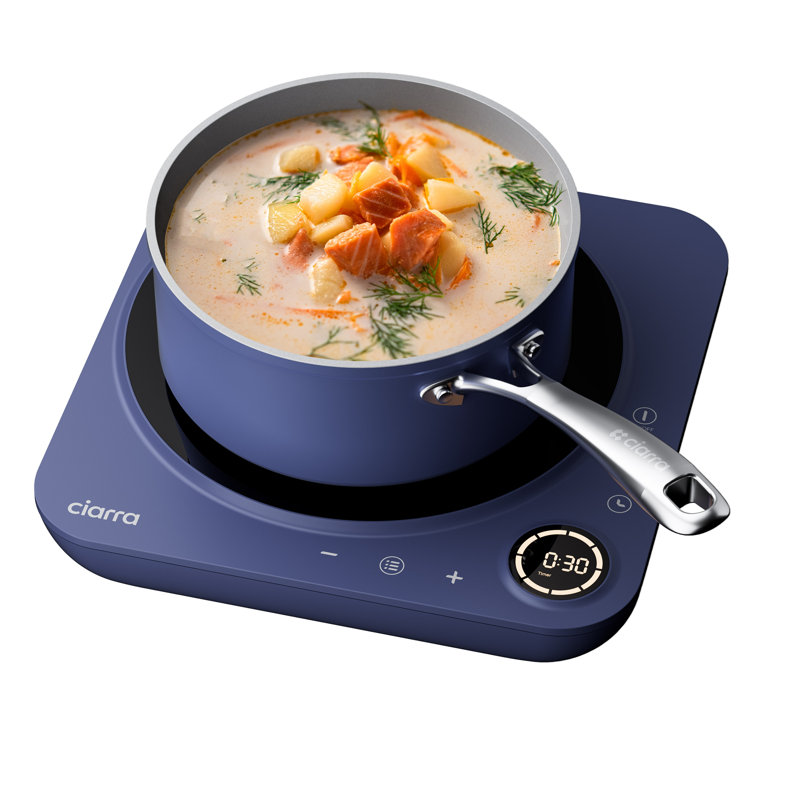 Plaque de cuisson à induction portative CIARRA en bleu marine, brûleur de comptoir 1500 W avec commandes tactiles, conception compacte et 8 niveaux de puissance