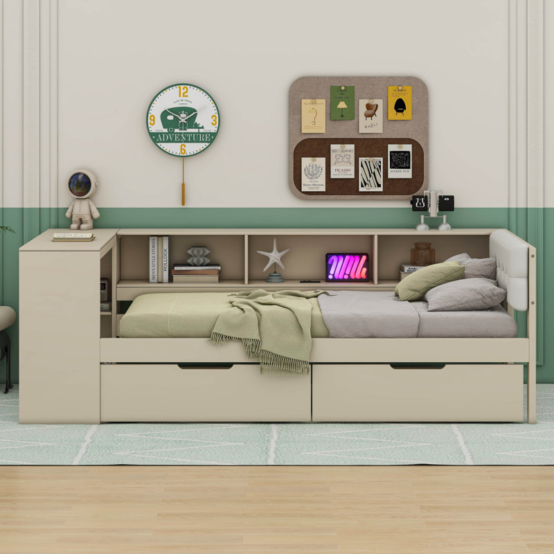 Wood Platform Bed with Storage Shelves, Drawers, Charging Station, Twin, Cream