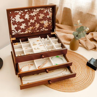 Boîte à bijoux en bois, organisateur de porte-bijoux à 3 couches, étui à bijoux en bois pour colliers, boucles d'oreilles, anneaux